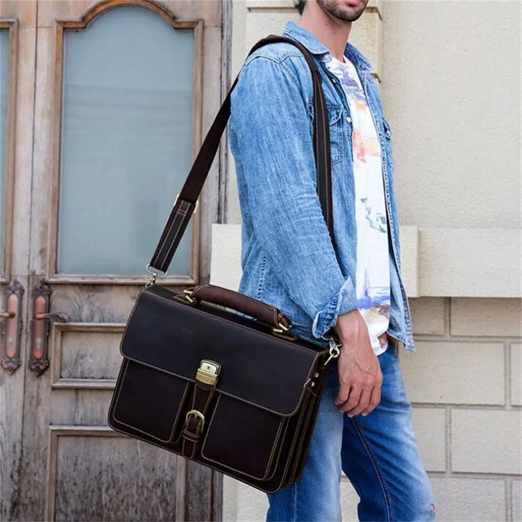 Men's Leather Briefcase Europe and The United States Retro Handbag Compartment Shoulder Bag(D)
