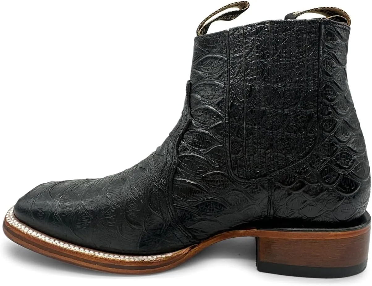 Mens Leather Short Ankle Embossed Python Print Cowboy Boot