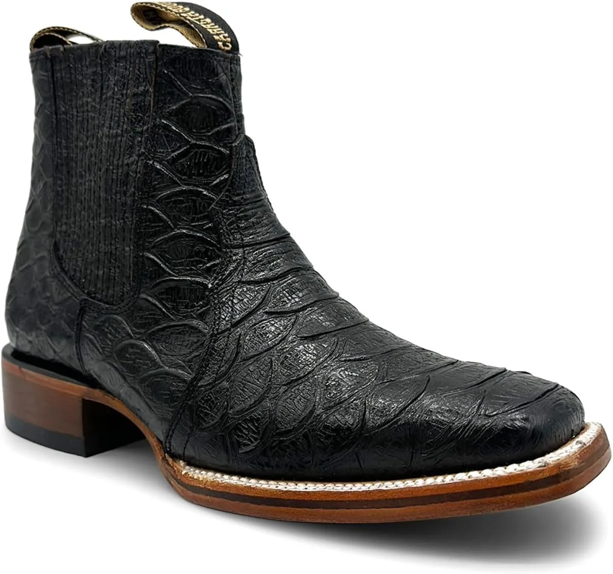 Mens Leather Short Ankle Embossed Python Print Cowboy Boot