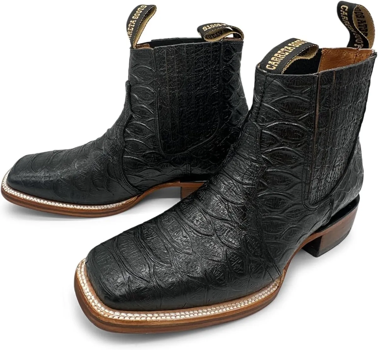 Mens Leather Short Ankle Embossed Python Print Cowboy Boot