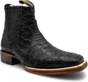 Mens Leather Short Ankle Embossed Python Print Cowboy Boot