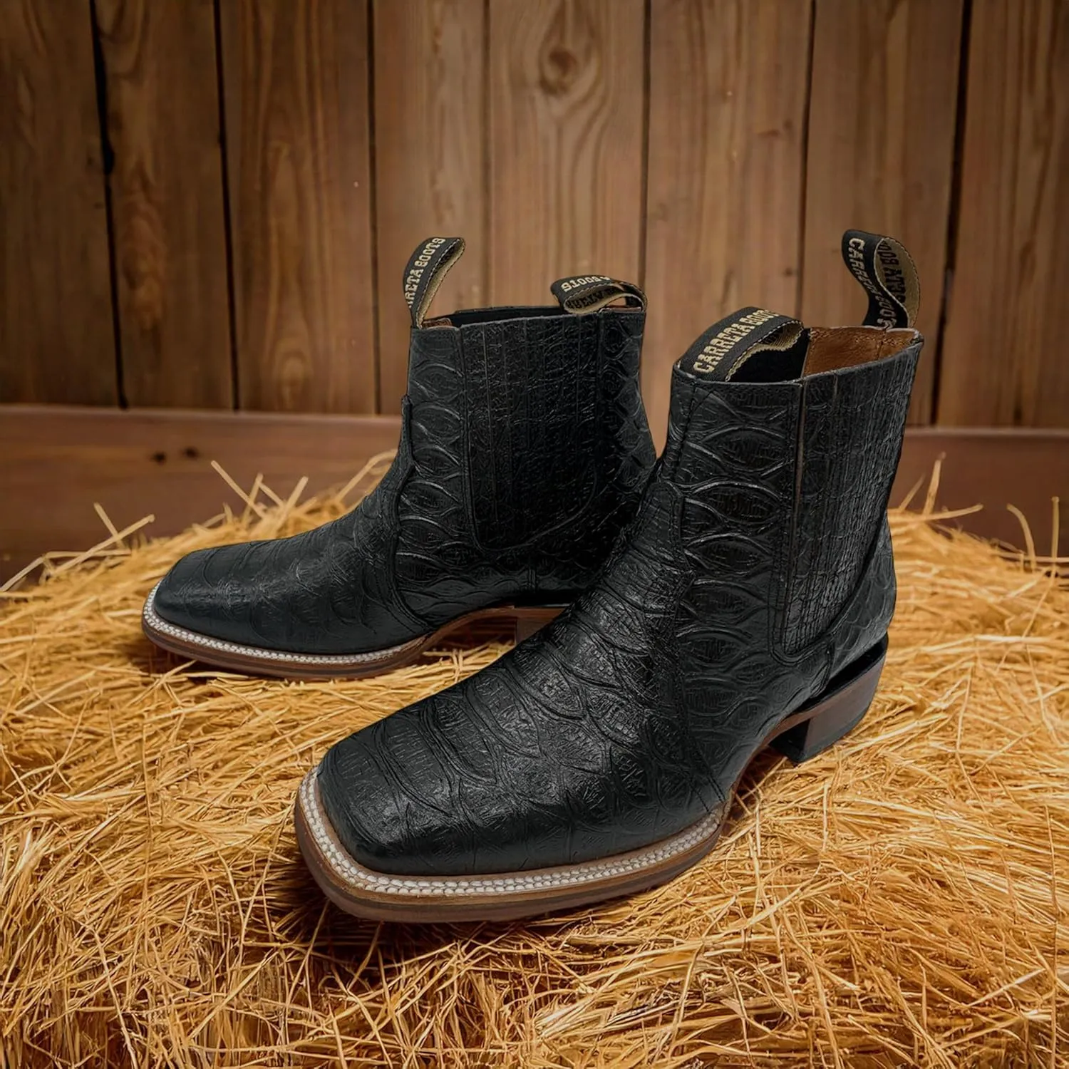 Mens Leather Short Ankle Embossed Python Print Cowboy Boot