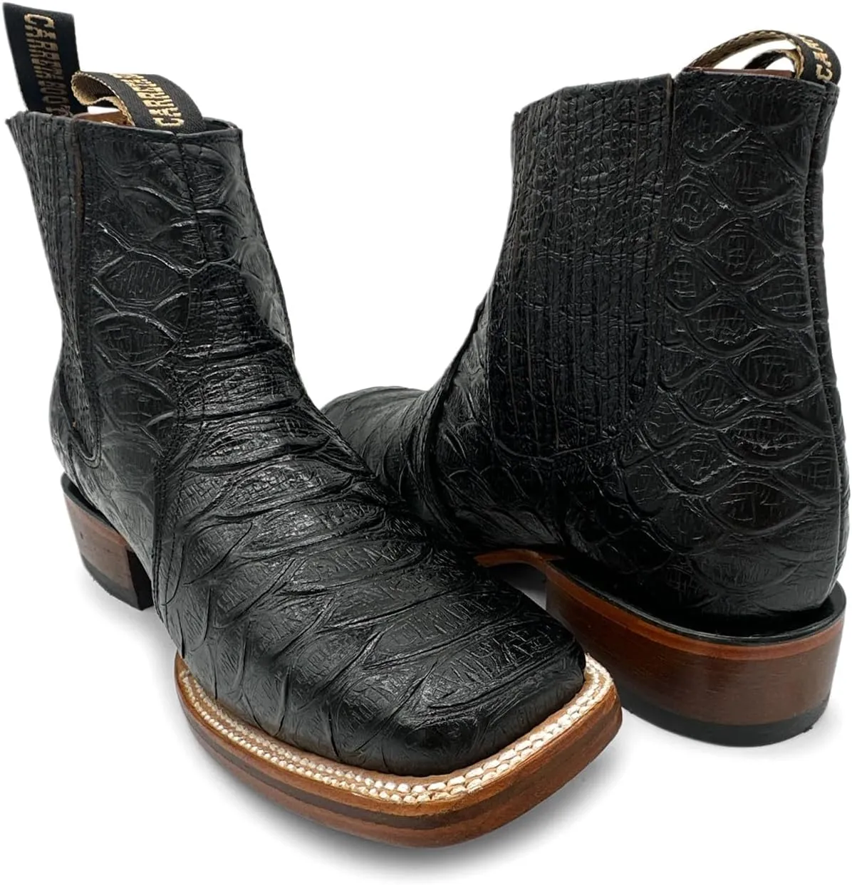 Mens Leather Short Ankle Embossed Python Print Cowboy Boot