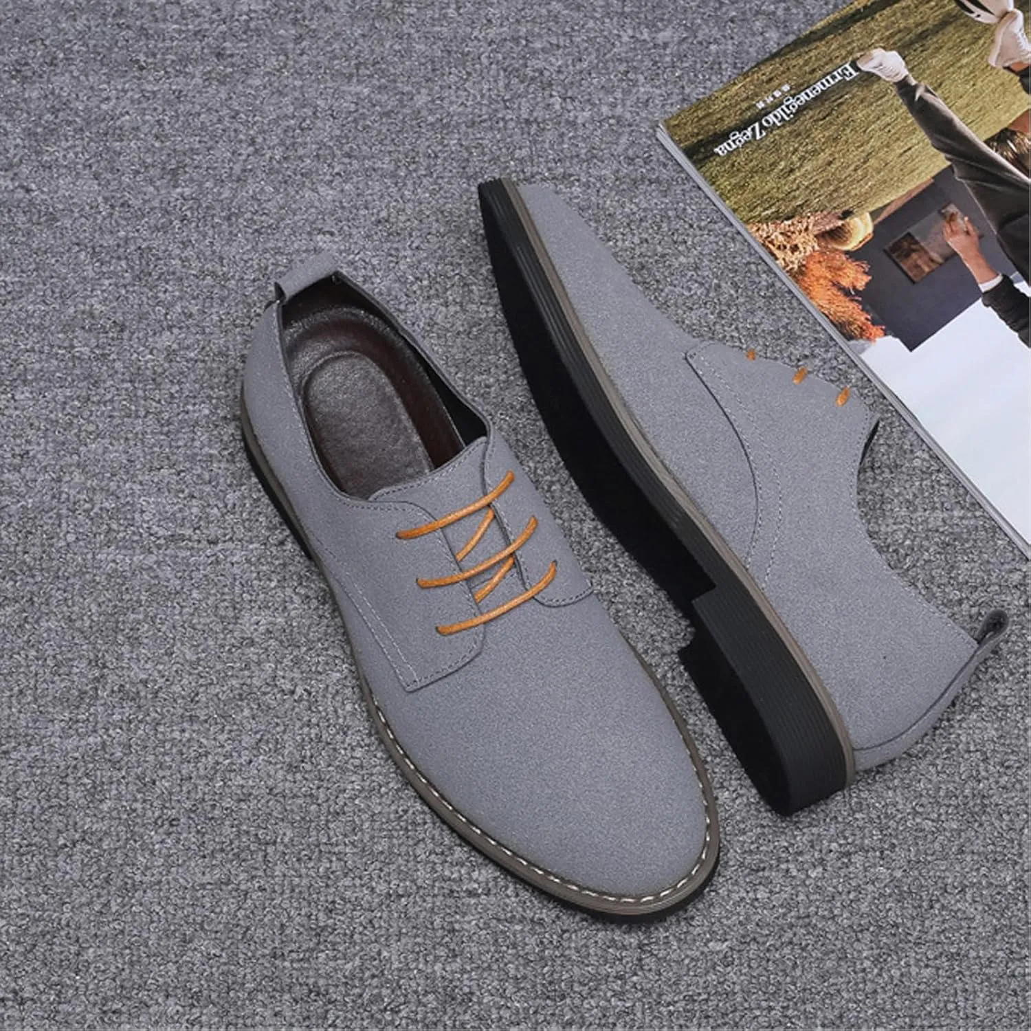 Men's Suede Lace Up Dress Shoes,Classic Hand Stitching Retro Suede Leather Soft Sole Flat Shoes Velvet Low-Top Casual British Business Office Breathable Oxford Shoes