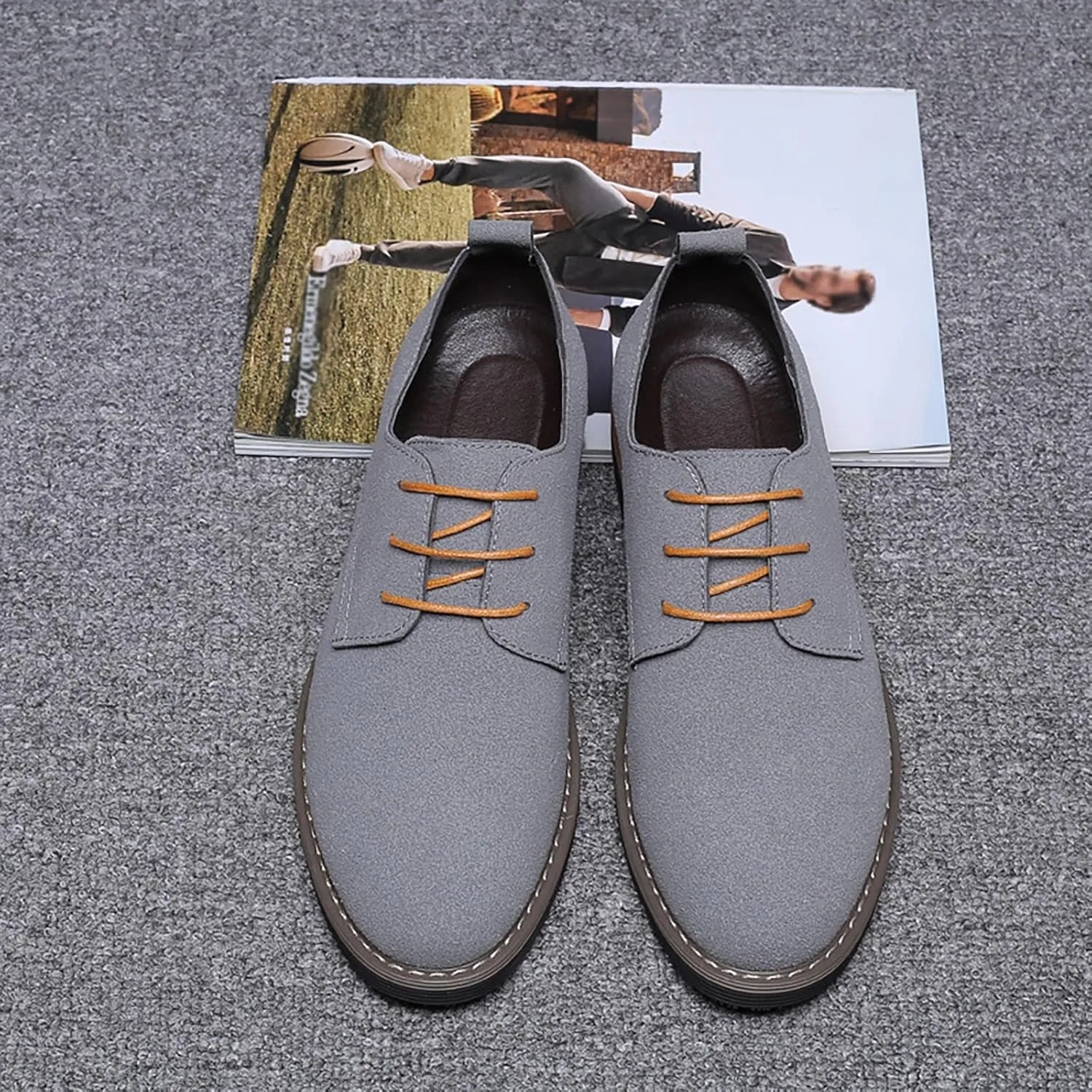 Men's Suede Lace Up Dress Shoes,Classic Hand Stitching Retro Suede Leather Soft Sole Flat Shoes Velvet Low-Top Casual British Business Office Breathable Oxford Shoes