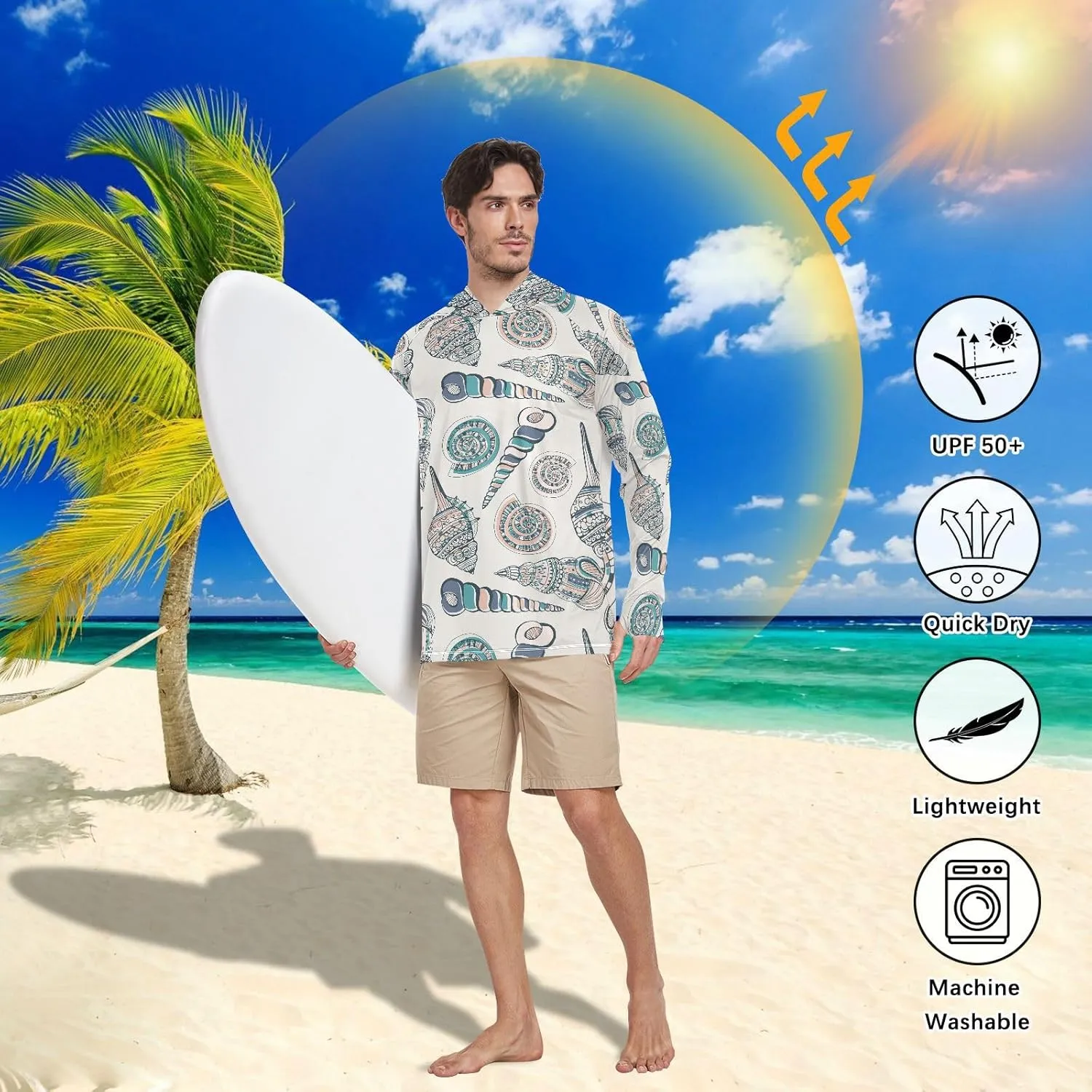 Mens Sun Shirts Protection Long Sleeve Seashells Fishing Shirt UPF 50  Beach Hoodies Hooded Rash Guard