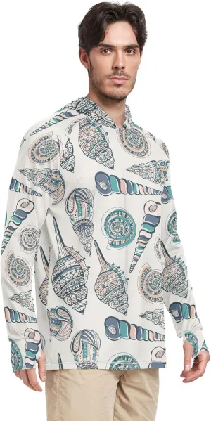 Mens Sun Shirts Protection Long Sleeve Seashells Fishing Shirt UPF 50  Beach Hoodies Hooded Rash Guard