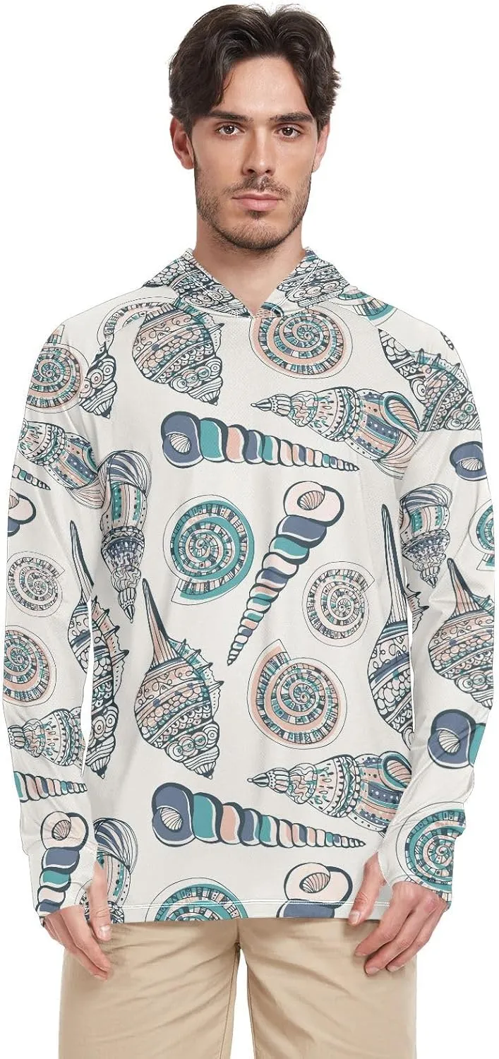 Mens Sun Shirts Protection Long Sleeve Seashells Fishing Shirt UPF 50  Beach Hoodies Hooded Rash Guard