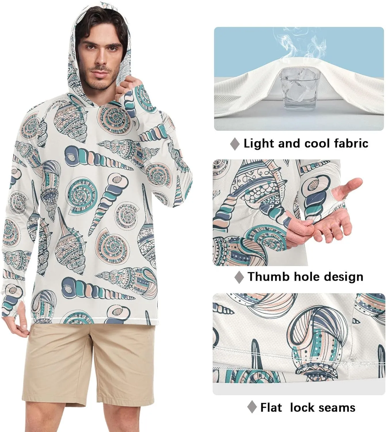 Mens Sun Shirts Protection Long Sleeve Seashells Fishing Shirt UPF 50  Beach Hoodies Hooded Rash Guard
