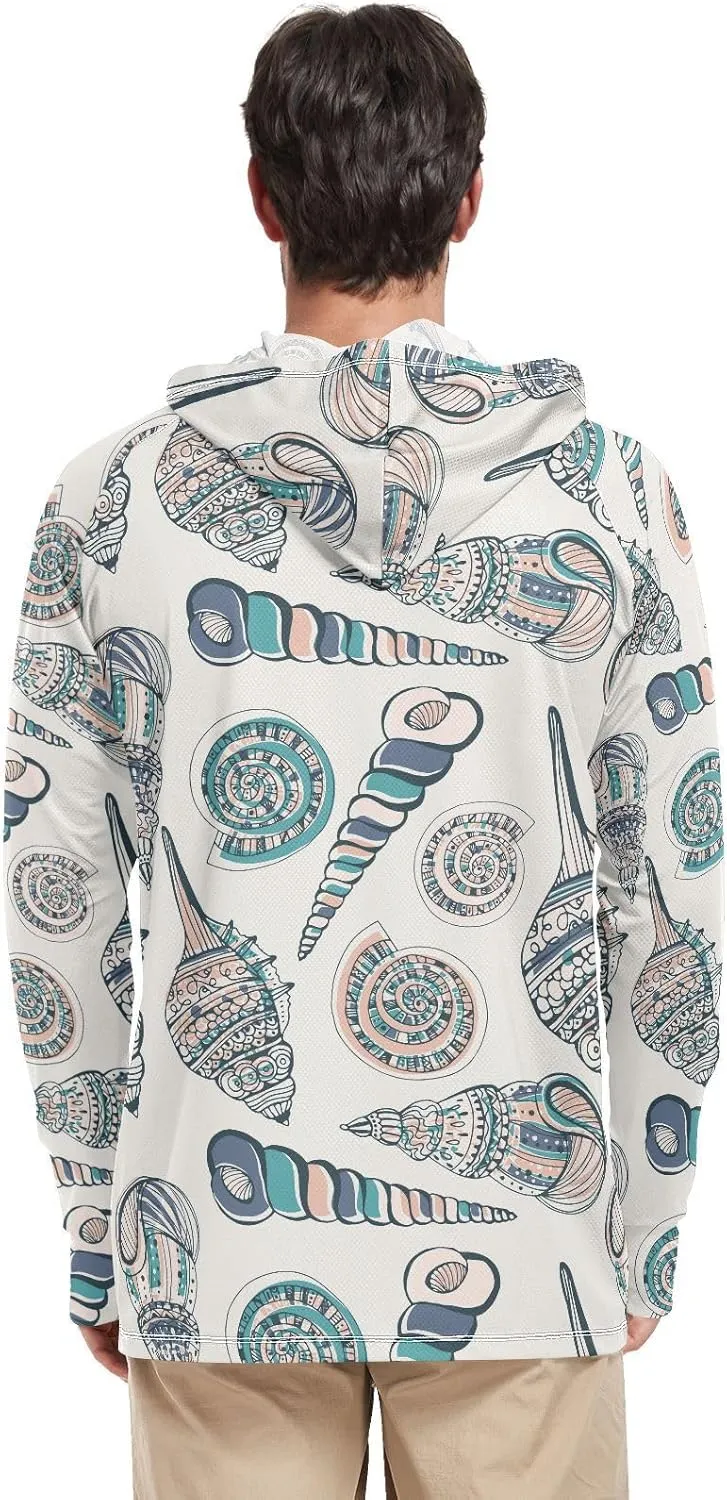 Mens Sun Shirts Protection Long Sleeve Seashells Fishing Shirt UPF 50  Beach Hoodies Hooded Rash Guard