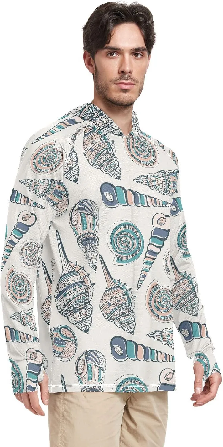 Mens Sun Shirts Protection Long Sleeve Seashells Fishing Shirt UPF 50  Beach Hoodies Hooded Rash Guard