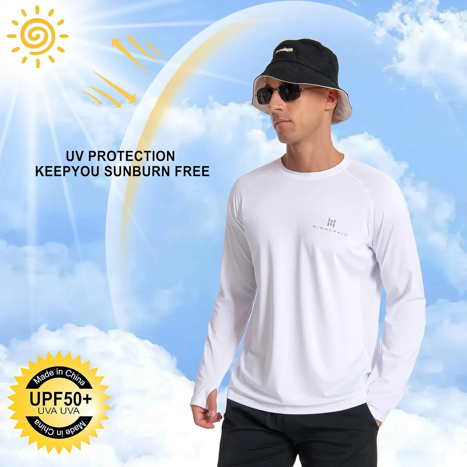 Men's UPF 50  Long Sleeve Loose-Fit Lightweight Sun Protection Fishing Hiking Running UV Shirt Rash Guard