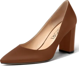 MERRORI Women's Dress Satin Pointed Toe Slip On Elegant Evening Chunky High Heel Pumps Shoes 3.3 Inch