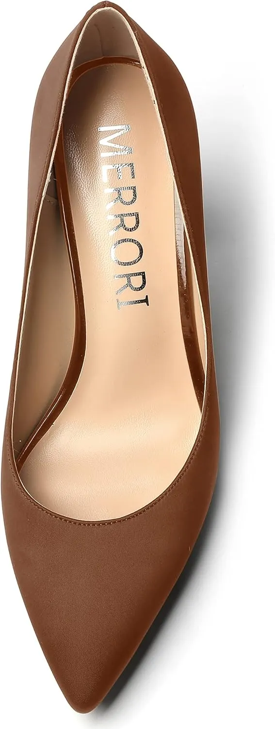 MERRORI Women's Dress Satin Pointed Toe Slip On Elegant Evening Chunky High Heel Pumps Shoes 3.3 Inch