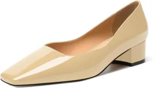 MERRORI Women's Low Heel 1.5 Inch Party Slip On Square Toe Chunky Casual Patent Fashion Pumps Shoes