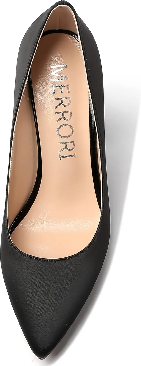 MERRORI Womens Satin Dress Elegant Square Toe Slip On Bridal Chunky High Heel Pumps Shoes 4 Inch