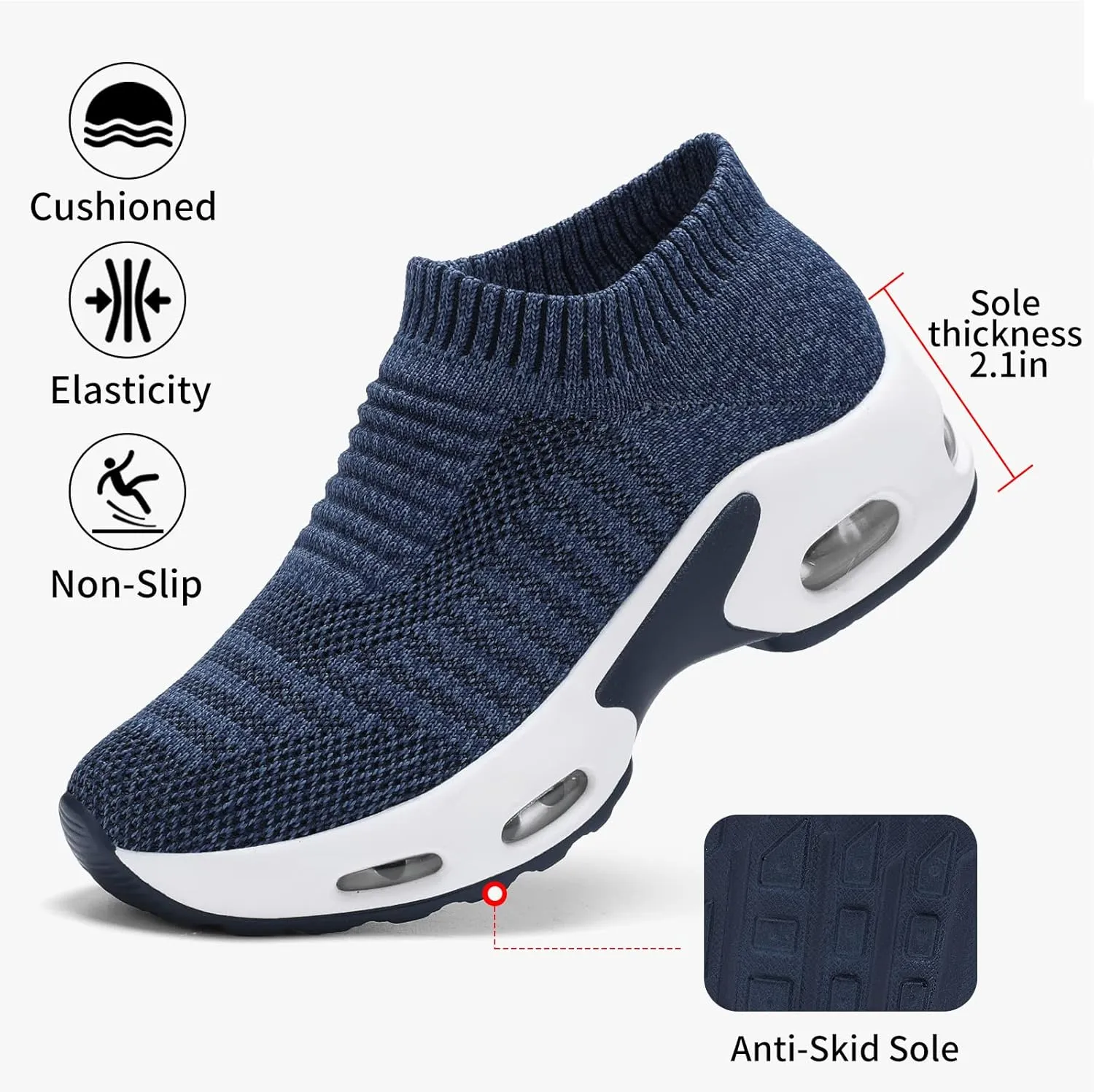 Mesh Sneakers for Women - Non Slip, Slip On, Sock Sneakers - Light Weight, Air Cushion Running, Work Shoes
