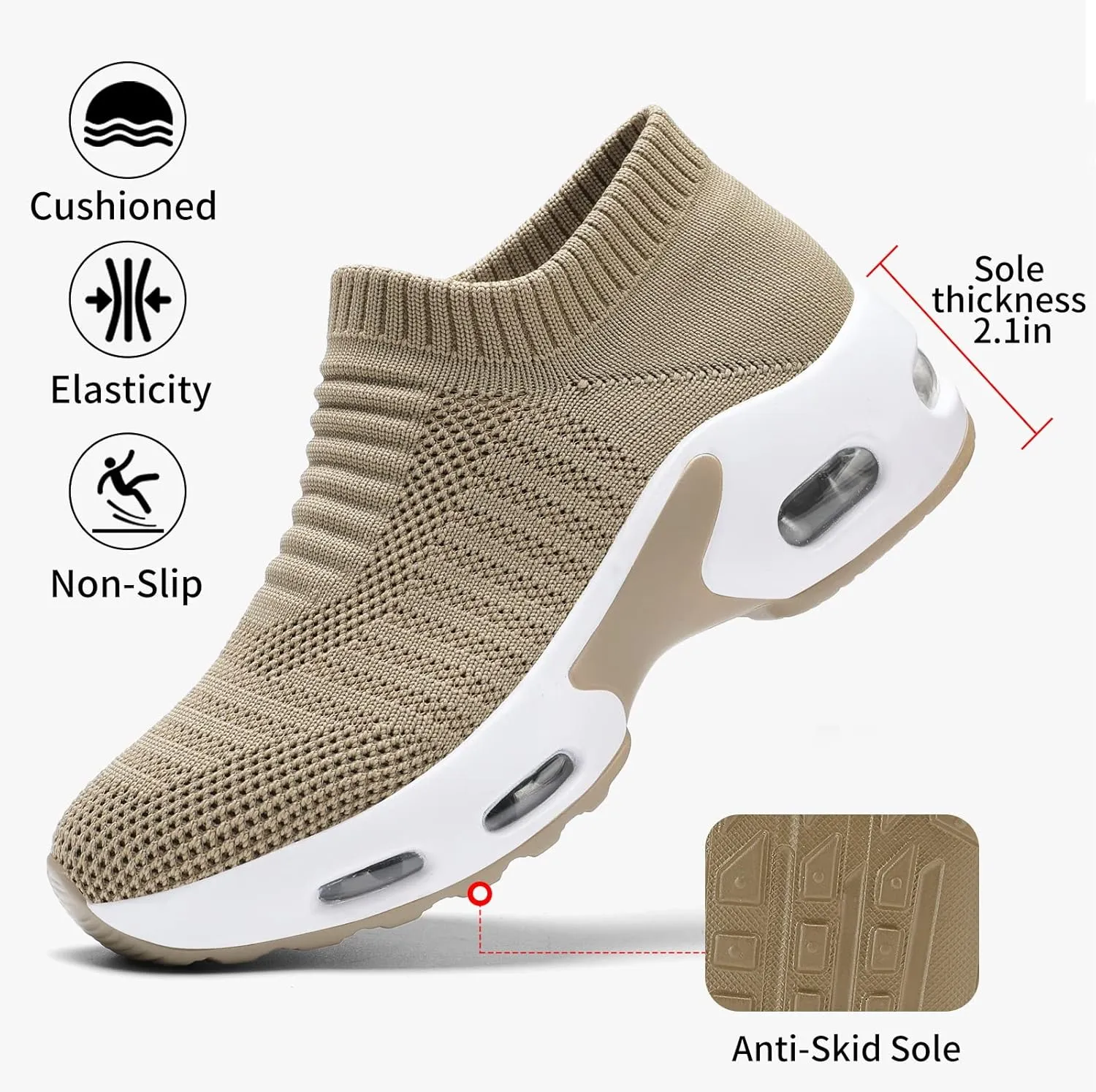 Mesh Sneakers for Women - Non Slip, Slip On, Sock Sneakers - Light Weight, Air Cushion Running, Work Shoes
