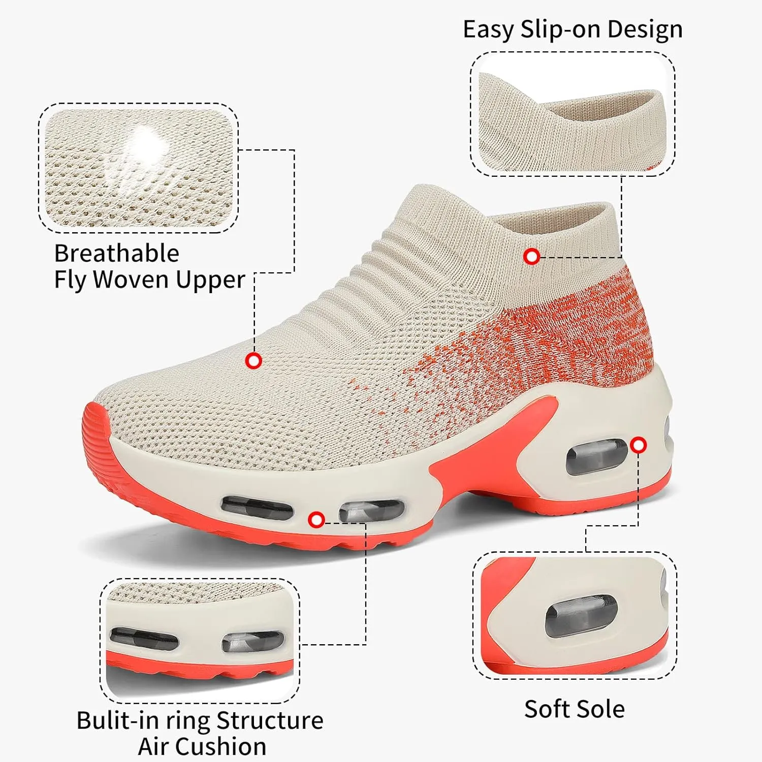 Mesh Sneakers for Women - Non Slip, Slip On, Sock Sneakers - Light Weight, Air Cushion Running, Work Shoes
