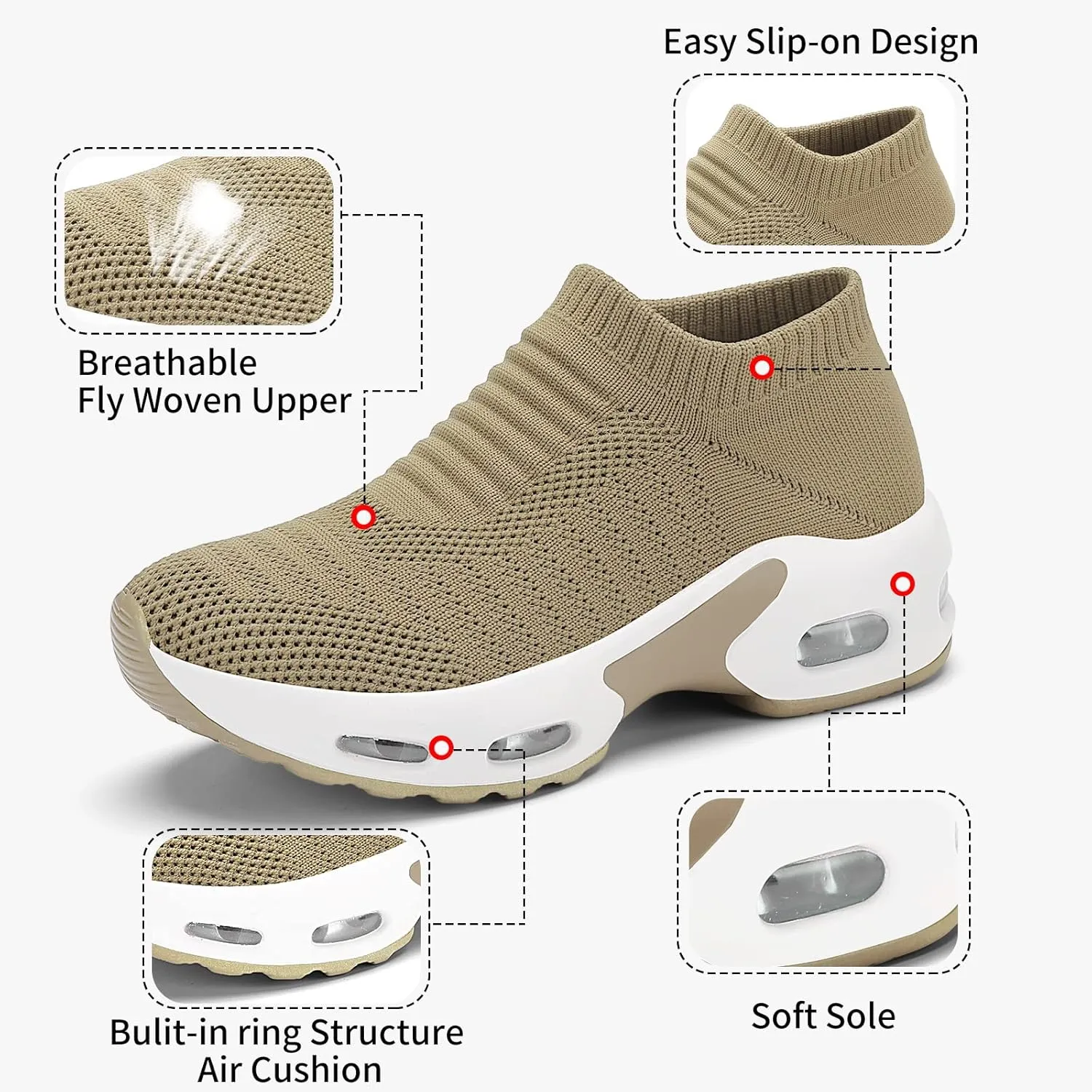 Mesh Sneakers for Women - Non Slip, Slip On, Sock Sneakers - Light Weight, Air Cushion Running, Work Shoes