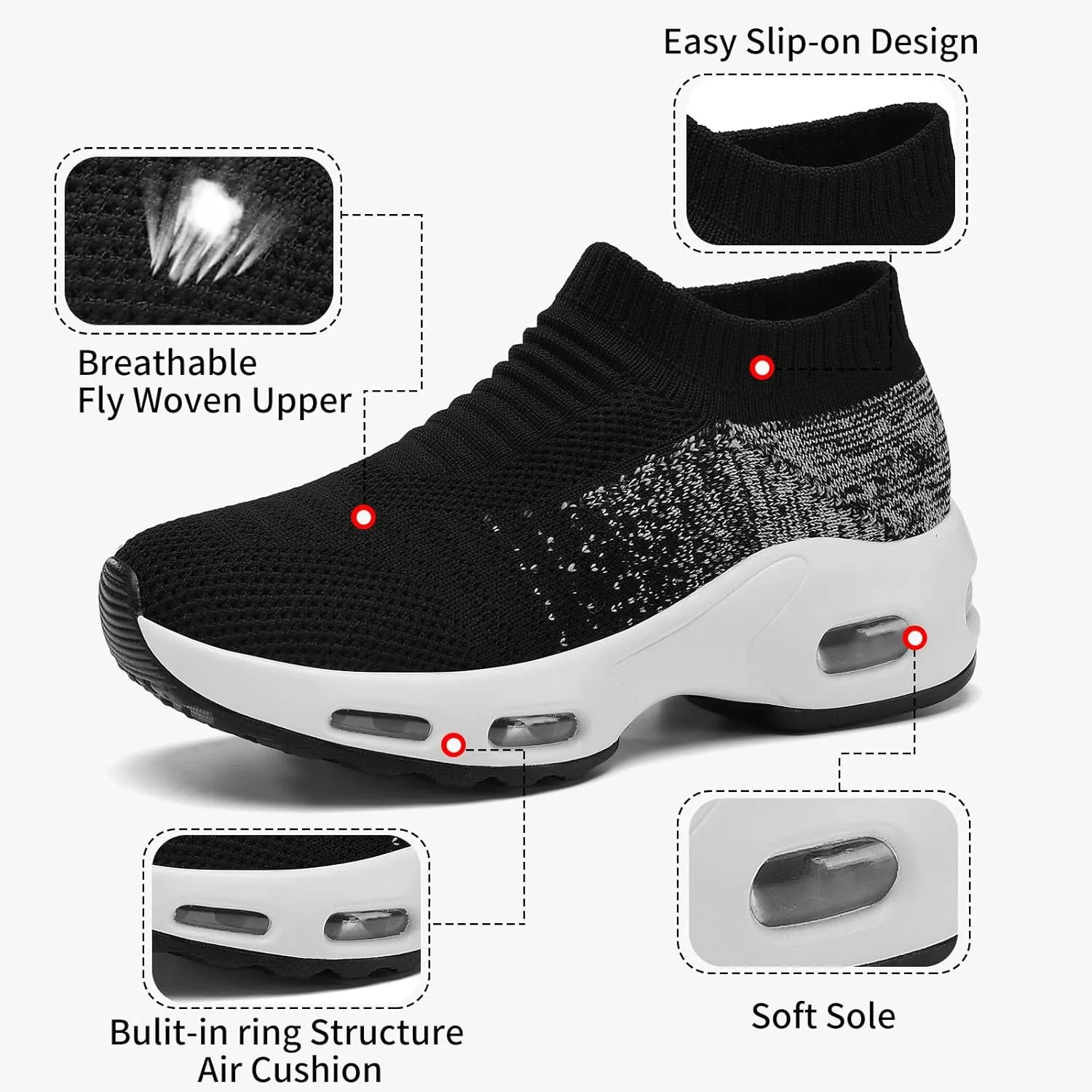 Mesh Sneakers for Women - Non Slip, Slip On, Sock Sneakers - Light Weight, Air Cushion Running, Work Shoes