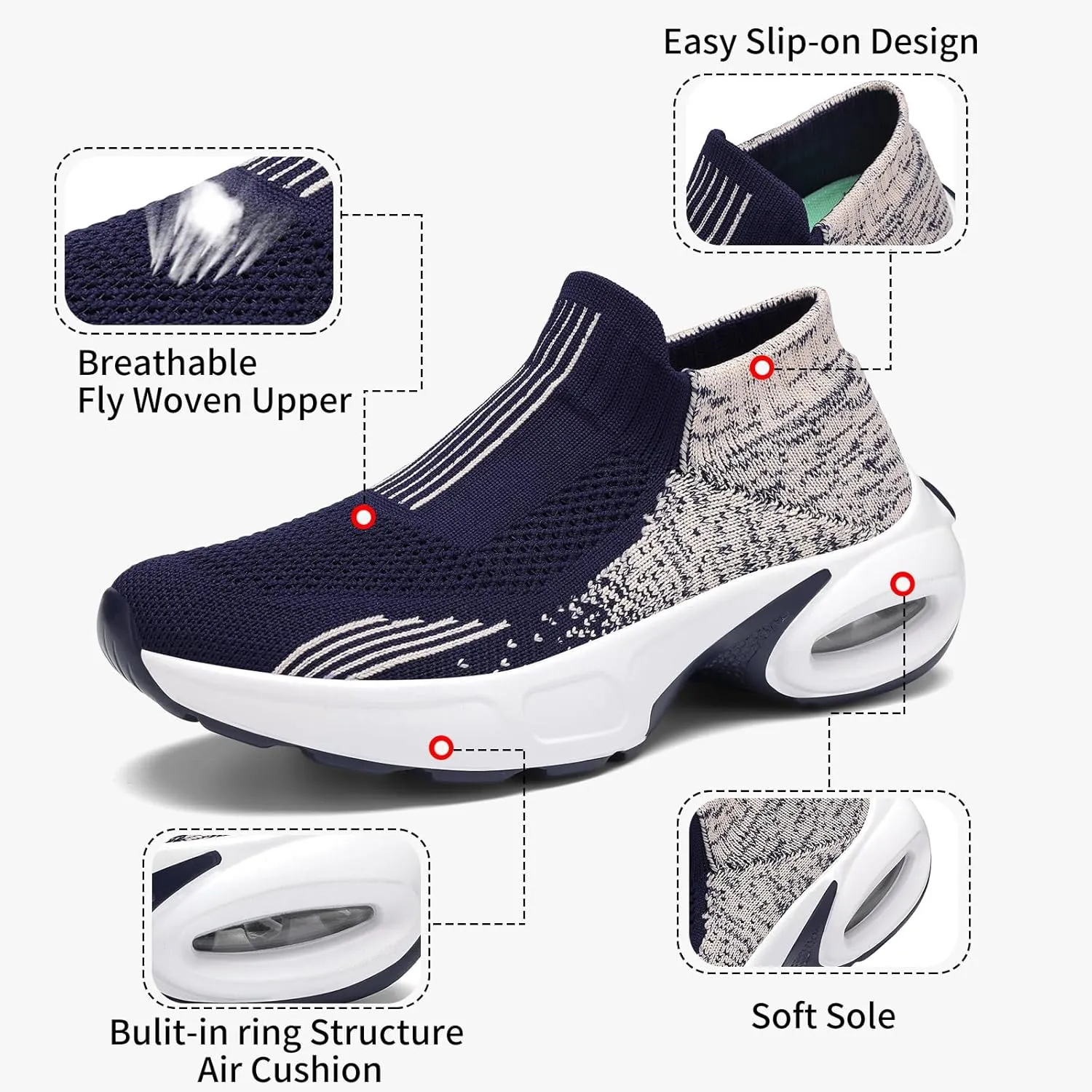 Mesh Sneakers for Women - Non Slip, Slip On, Sock Sneakers - Light Weight, Air Cushion Running, Work Shoes