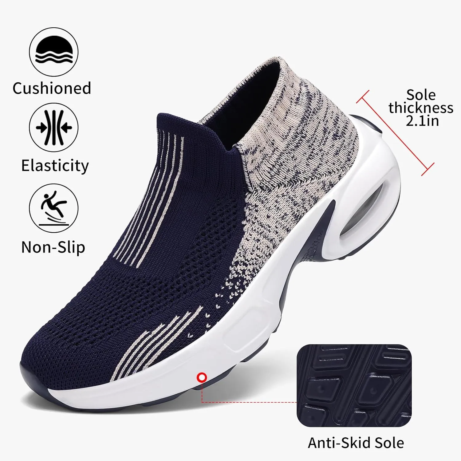 Mesh Sneakers for Women - Non Slip, Slip On, Sock Sneakers - Light Weight, Air Cushion Running, Work Shoes