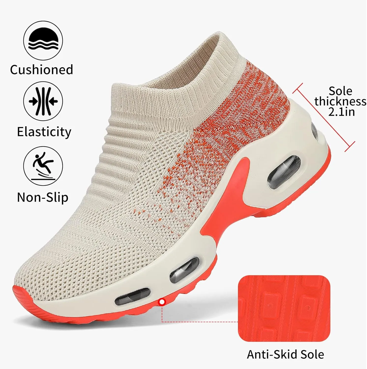 Mesh Sneakers for Women - Non Slip, Slip On, Sock Sneakers - Light Weight, Air Cushion Running, Work Shoes