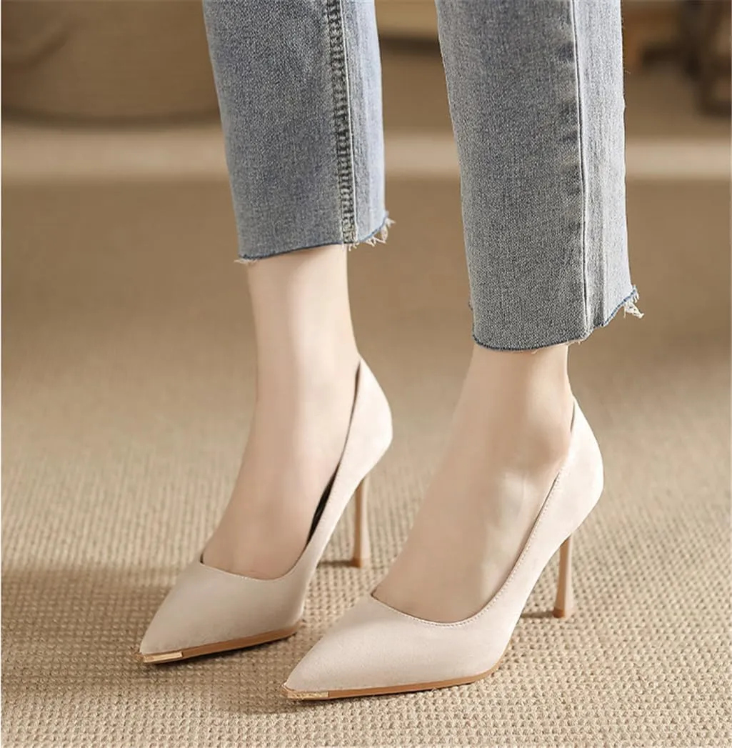 Metal Toe Anti-Kick Pointed Fine Heel Suede Satin High Heels Women Solid Colour 7cm/2.76in High Heel Shoes