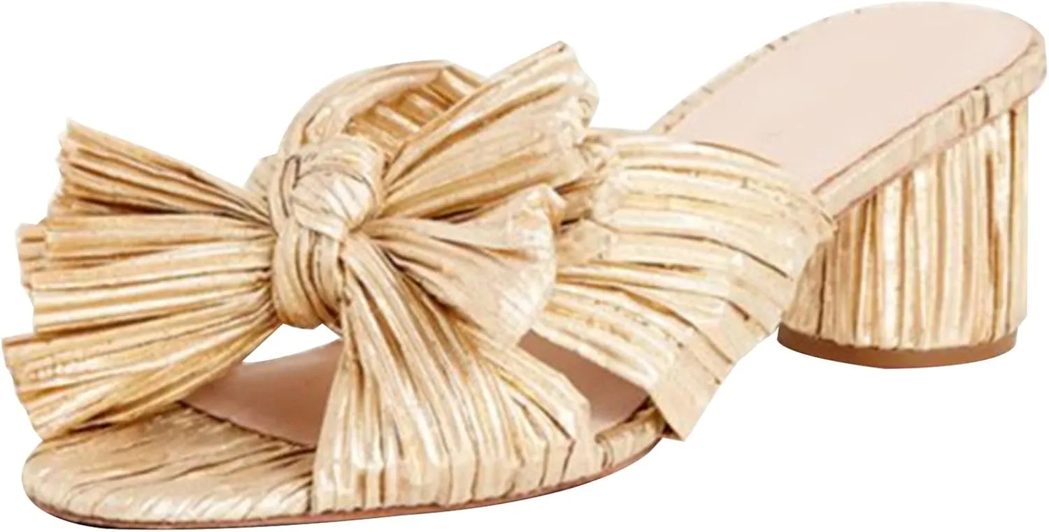 MICIFA Women's Bow Heeled Sandals Slip On Open Toe Block Chunky Heel Sandals Bride Wedding Dress Shoes