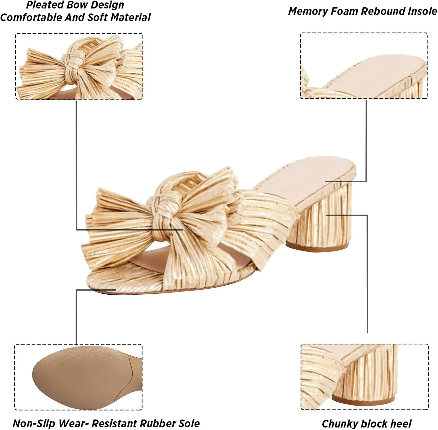 MICIFA Women's Bow Heeled Sandals Slip On Open Toe Block Chunky Heel Sandals Bride Wedding Dress Shoes