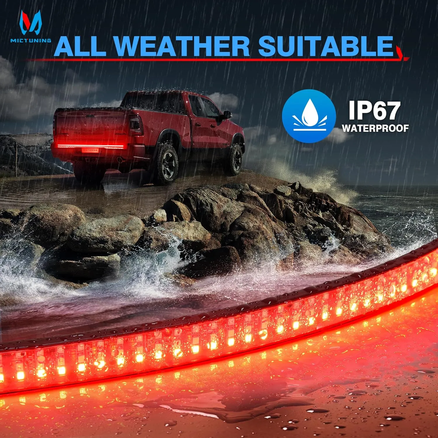 MICTUNING 60 inches Red Sequential Turn Signal LED Brake Lamp Triple Row 504 LEDs Tailgate Strip Light Waterproof for Ford F150/RAM 2500-5 Functions