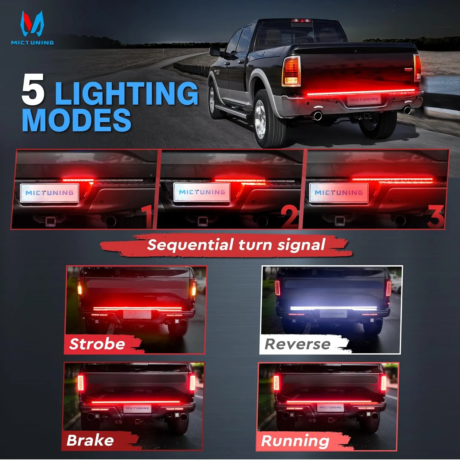 MICTUNING 60 inches Red Sequential Turn Signal LED Brake Lamp Triple Row 504 LEDs Tailgate Strip Light Waterproof for Ford F150/RAM 2500-5 Functions