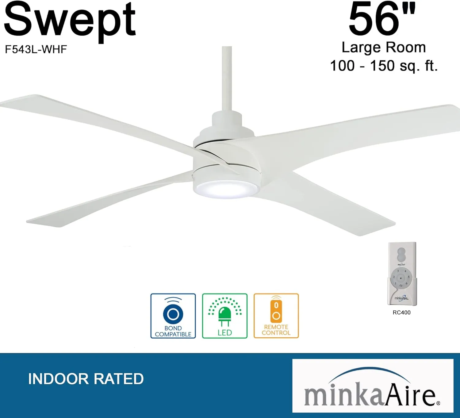 MINKA-AIRE F543L-WHF Swept 56 Inch Ceiling Fan with Integrated 20W LED Dimmable Light in Flat White Finish