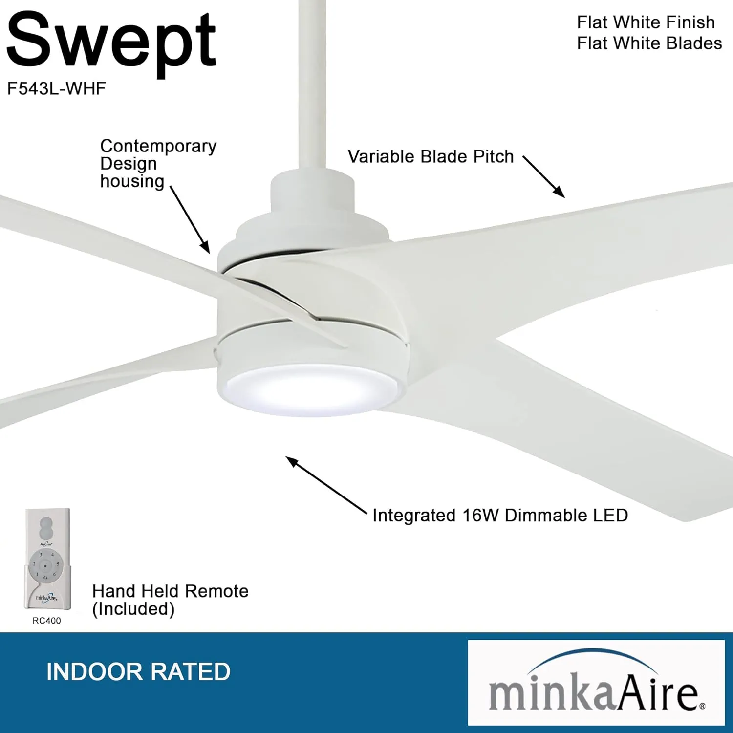 MINKA-AIRE F543L-WHF Swept 56 Inch Ceiling Fan with Integrated 20W LED Dimmable Light in Flat White Finish