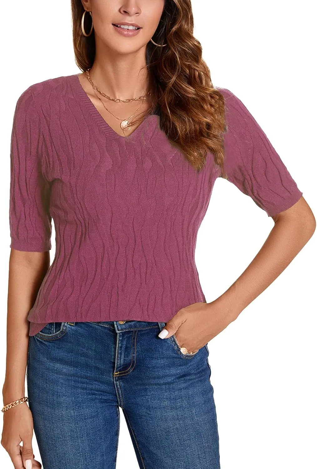 MINTLIMIT Womens Short Sleeve Sweater Summer Pullover Shirt Tops Texture V Neck Casual Knit Tees Tops