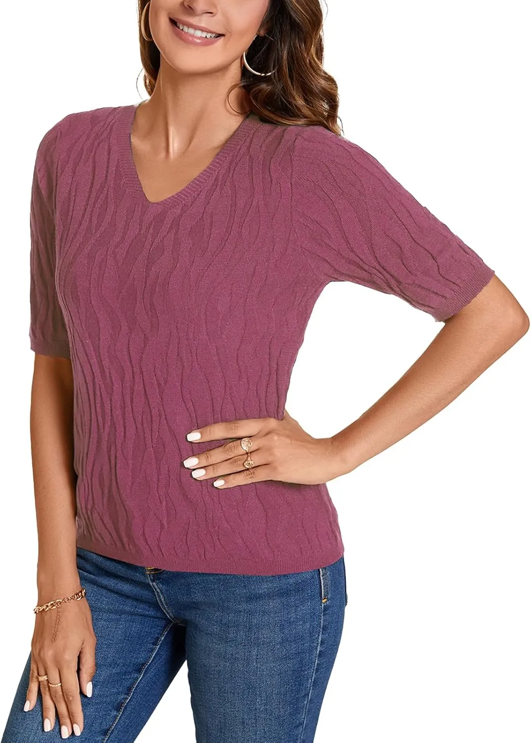 MINTLIMIT Womens Short Sleeve Sweater Summer Pullover Shirt Tops Texture V Neck Casual Knit Tees Tops
