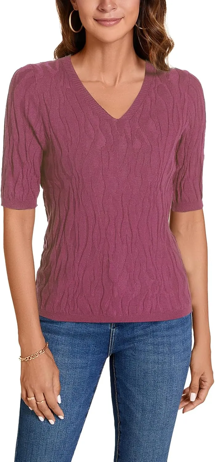 MINTLIMIT Womens Short Sleeve Sweater Summer Pullover Shirt Tops Texture V Neck Casual Knit Tees Tops
