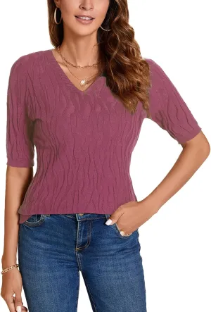 MINTLIMIT Womens Short Sleeve Sweater Summer Pullover Shirt Tops Texture V Neck Casual Knit Tees Tops