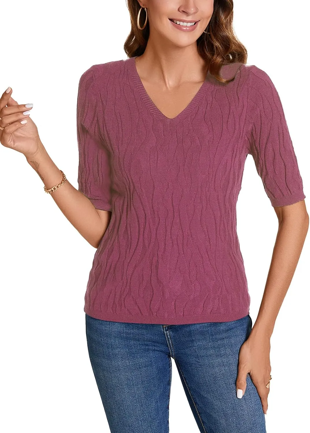 MINTLIMIT Womens Short Sleeve Sweater Summer Pullover Shirt Tops Texture V Neck Casual Knit Tees Tops