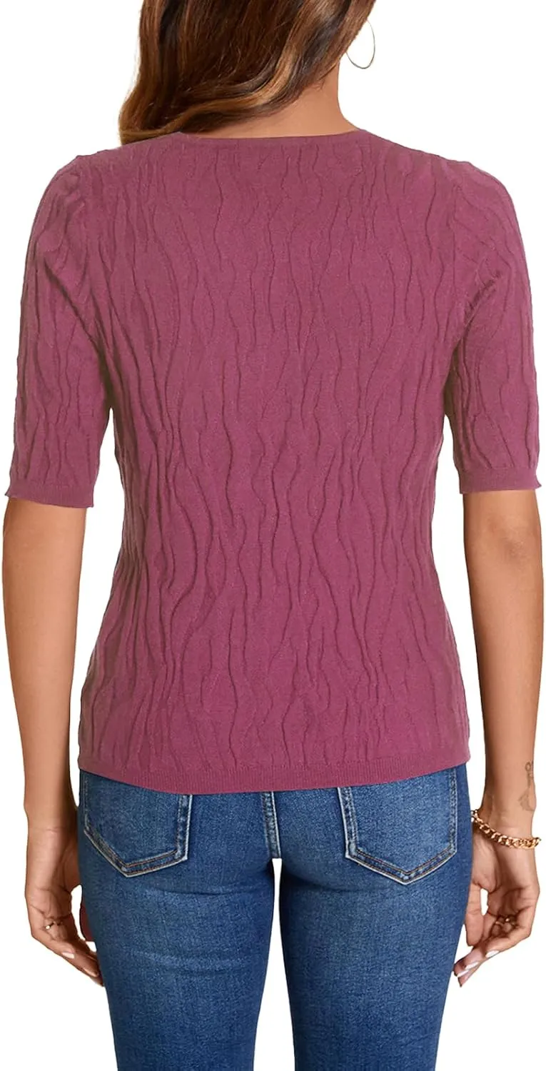 MINTLIMIT Womens Short Sleeve Sweater Summer Pullover Shirt Tops Texture V Neck Casual Knit Tees Tops