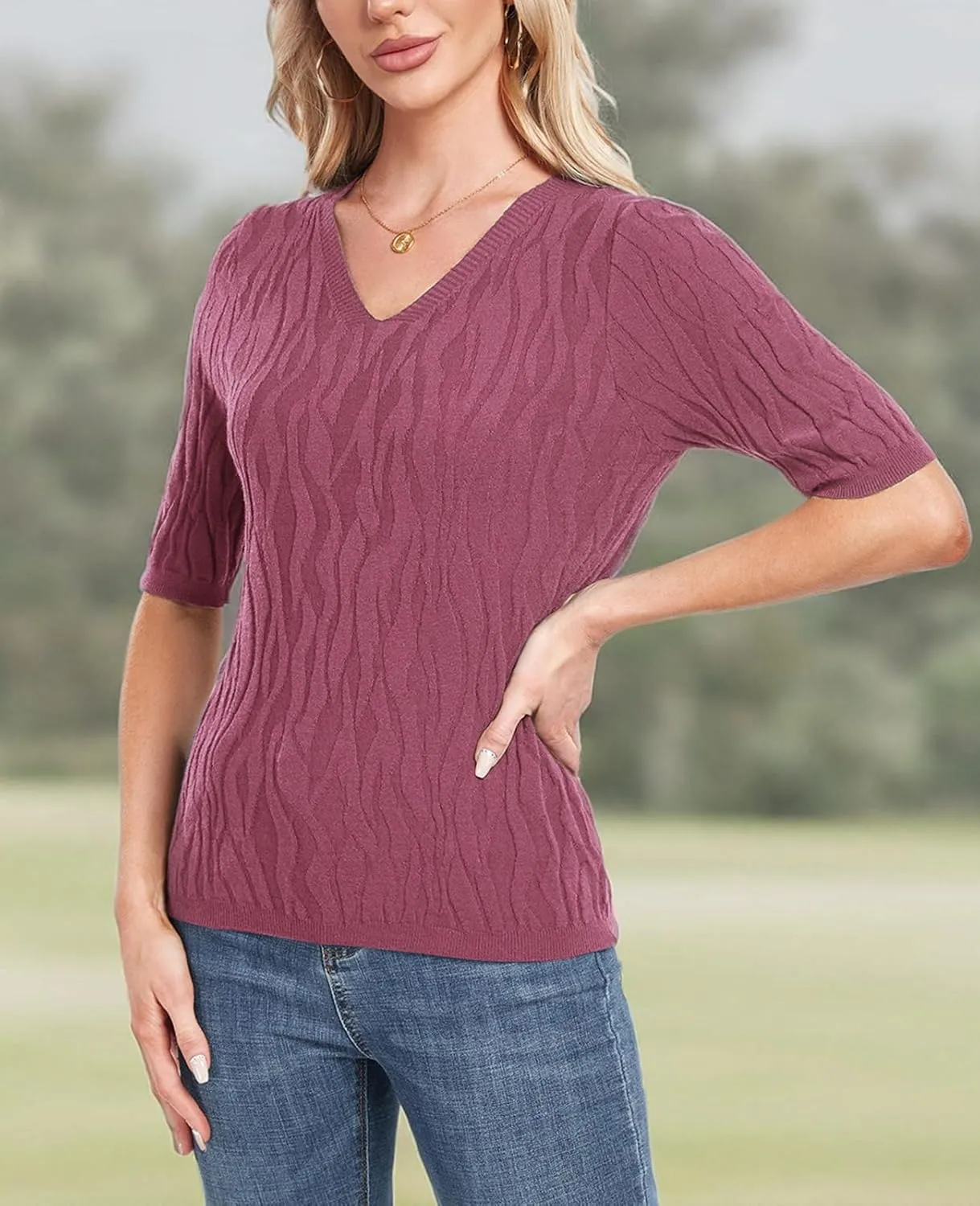 MINTLIMIT Womens Short Sleeve Sweater Summer Pullover Shirt Tops Texture V Neck Casual Knit Tees Tops