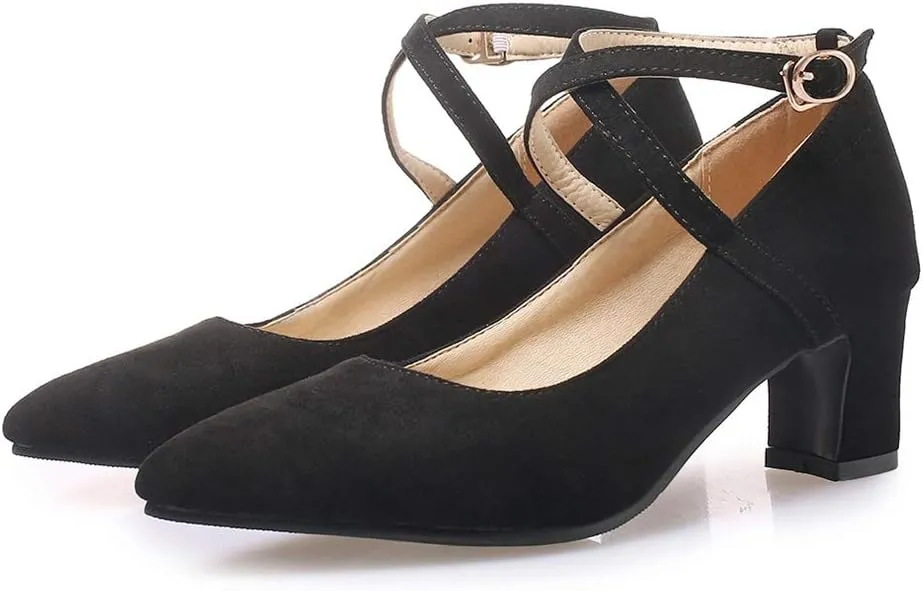 MIOKE Women's Pointed Toe Chunky Mid Block Heel Pumps Suede Comfy Cross Strap Mary Jane Elegant Dress Shoes