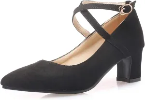 MIOKE Women's Pointed Toe Chunky Mid Block Heel Pumps Suede Comfy Cross Strap Mary Jane Elegant Dress Shoes