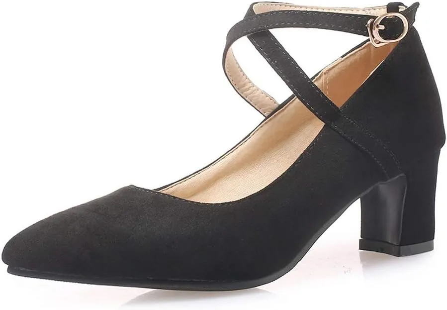 MIOKE Women's Pointed Toe Chunky Mid Block Heel Pumps Suede Comfy Cross Strap Mary Jane Elegant Dress Shoes