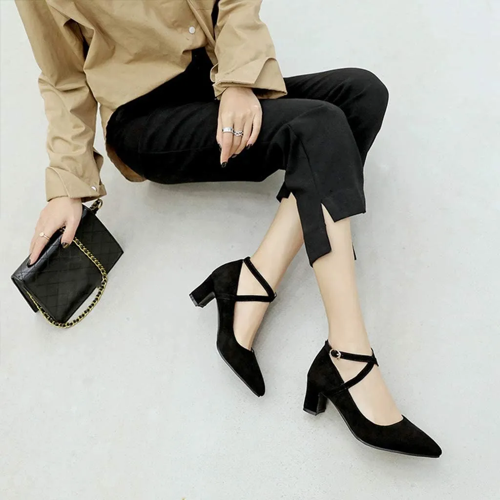 MIOKE Women's Pointed Toe Chunky Mid Block Heel Pumps Suede Comfy Cross Strap Mary Jane Elegant Dress Shoes