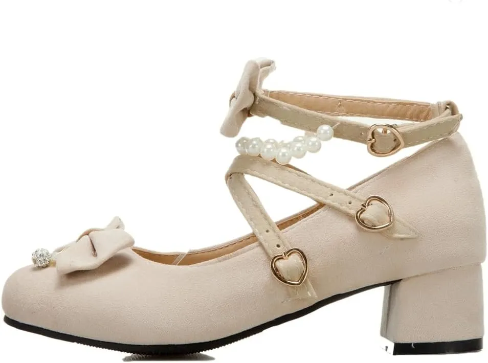 MIOKE Women's Round Toe Chunky Mid Block Heel Pumps Suede Comfort Cross Strap Elegant Mary Jane Dress Shoes