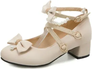 MIOKE Women's Round Toe Chunky Mid Block Heel Pumps Suede Comfort Cross Strap Elegant Mary Jane Dress Shoes