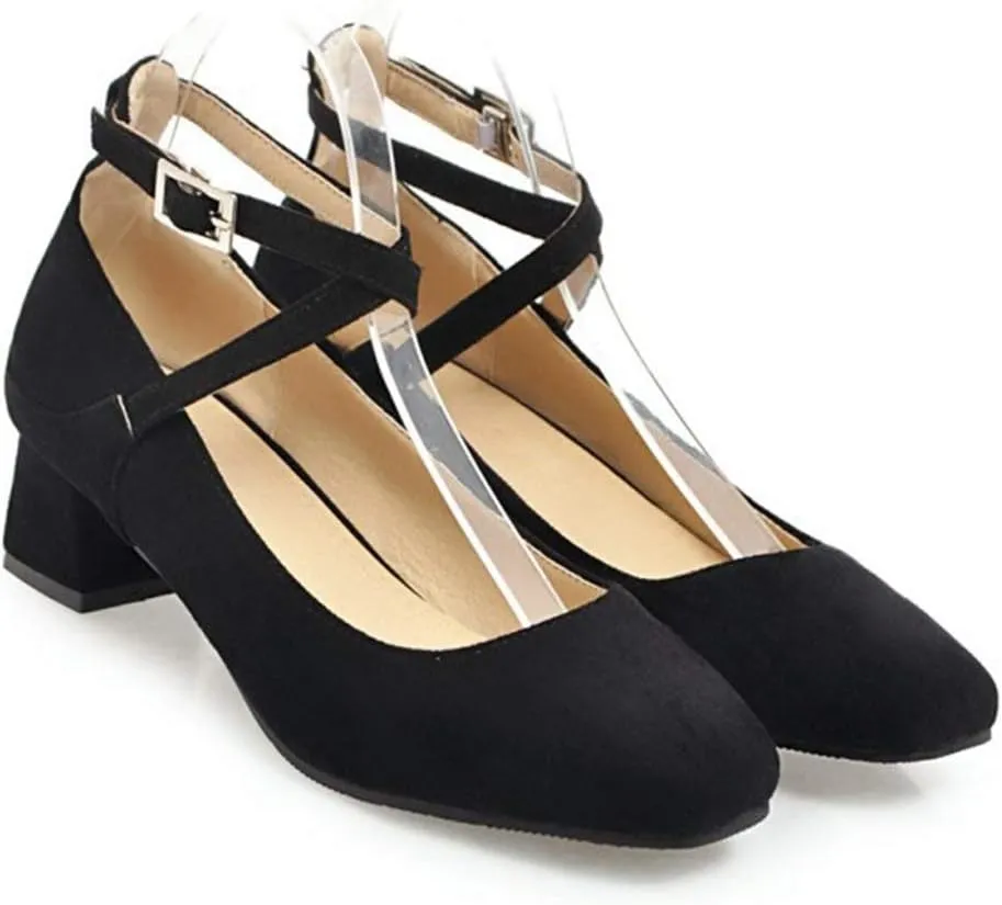MIOKE Women's Square Toe Chunky Mid Block Heel Pumps Suede Cross Strap Comfort Mary Jane Elegant Dress Shoes