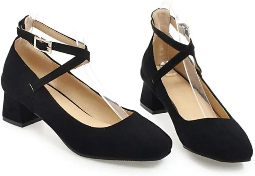 MIOKE Women's Square Toe Chunky Mid Block Heel Pumps Suede Cross Strap Comfort Mary Jane Elegant Dress Shoes